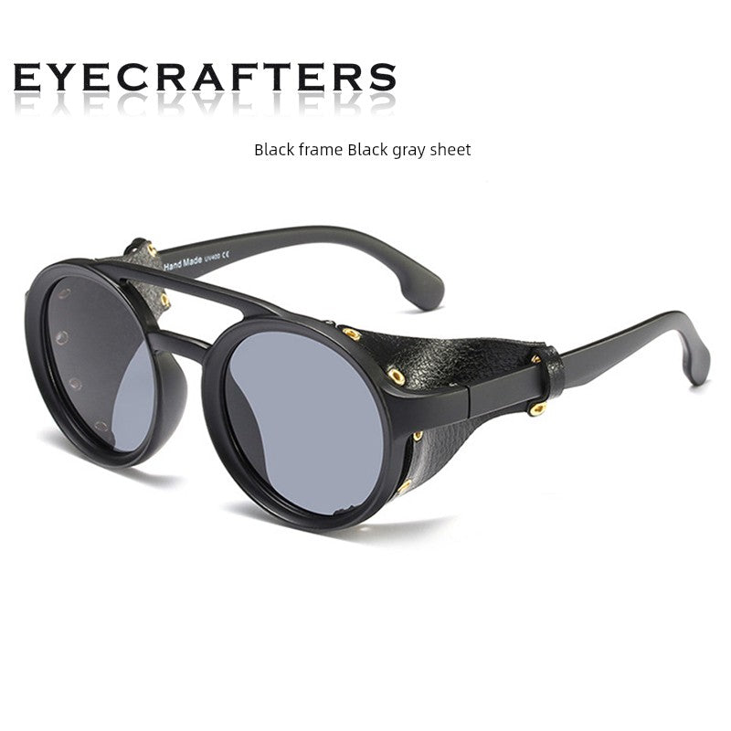 Men's and Women's round Sunglasses Retro Fashion Leather Personalized Sunglasses Fashionable Side Cover Style